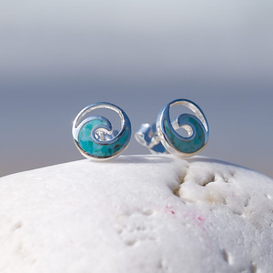 Sterling Silver and Torquoise Enamel Stud Wave Design Earrings