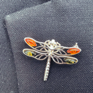 Sterling Silver- Dragonfly Amber Brooch