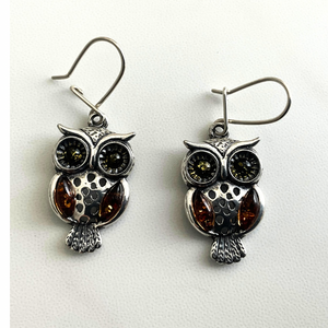 Amber & Silver Owl Drop Earrings -