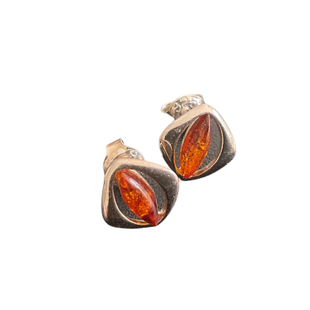 Medium cognac amber earrings studs beautiful square Amber stud earrings set on good 925e sterling silver great quality Amber jewelry