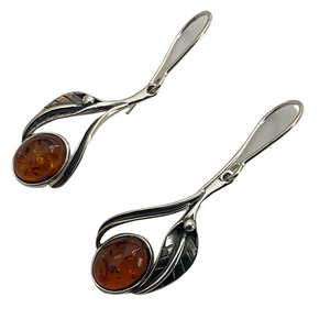 Amber & Silver Leaf Drop Earrings -